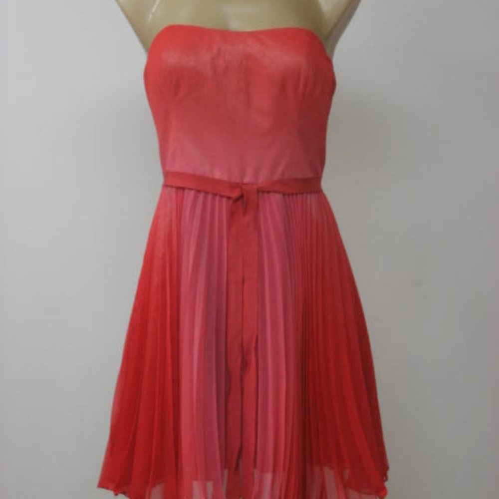AQUA Coral Strapless Pleated Belted Flow Mini Dress 10 New